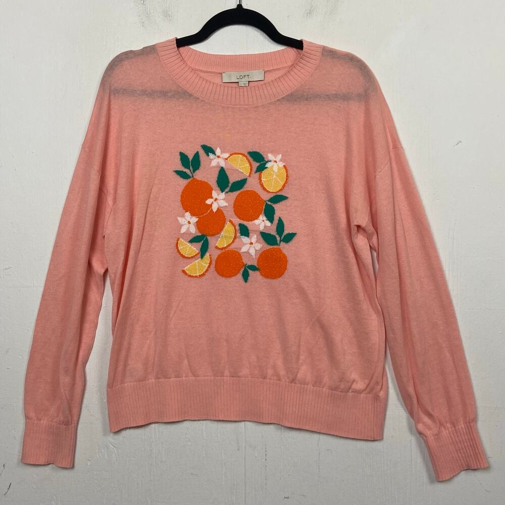 Loft Coral Pink Orange Graphic Lightweight Cotton Crewneck Sweater Size Large